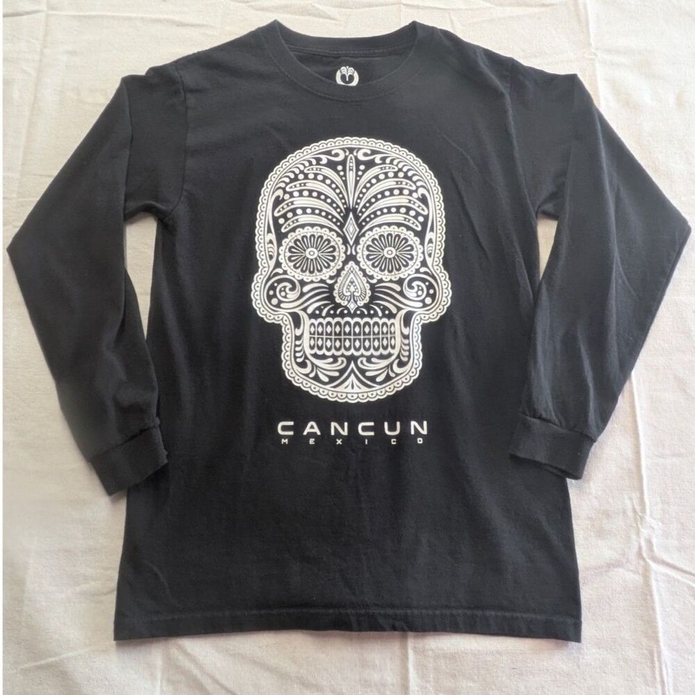 Tropical Relax Cancun Mexico Sugar Skull Graphic Long Sleeve Shirt Black Small